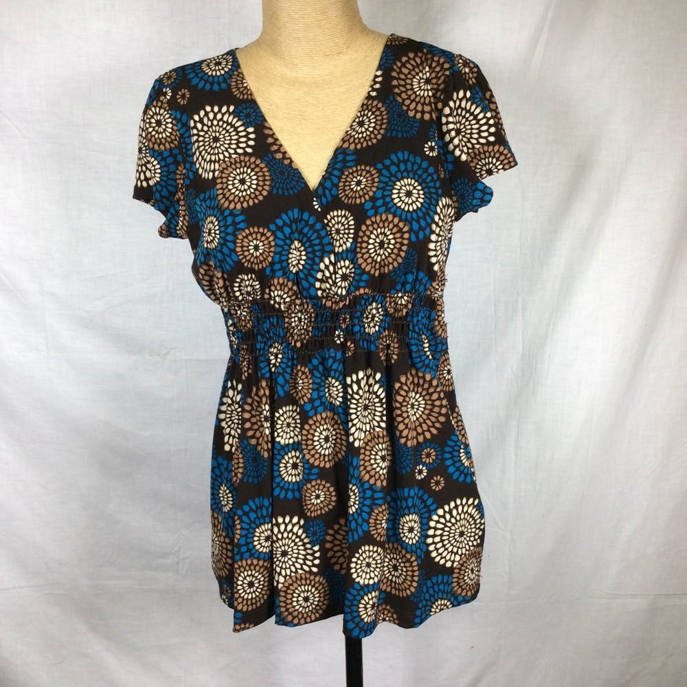 Agenda V-Neck Criss Cross Brown/Teal Top